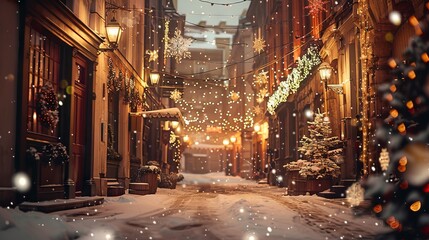 Naklejka premium Snow-covered alley decorated with festive lights and holiday ornaments. Concept of winter, Christmas, holiday season, festive atmosphere
