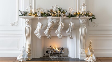Christmas stockings hanging on a decorated fireplace mantel next to a Christmas tree. Concept of holiday decor, winter celebration, festive home design