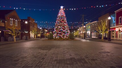 Festively decorated Christmas tree in the center of a small-town square at night. Concept of...
