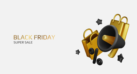 Black Friday super sale. Promo background with realistic 3d cartoon style elements, black gift, percent symbols, stars, percent symbols. Promotion banner, web poster. vector illustration