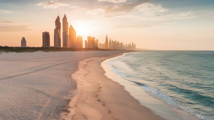 A stunning beach scene captured in a high-quality photograph. The sun is setting, casting a warm golden hue over the calm, turquoise waters.	