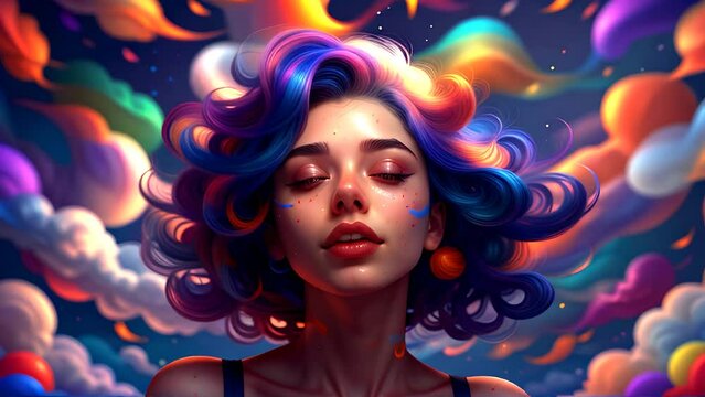 Woman having an orgasm. Happy girl has a multicolored dream.