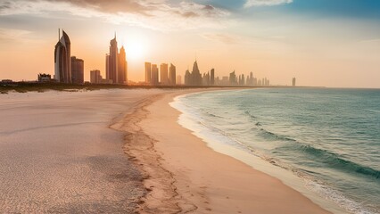 A stunning beach scene captured in a high-quality photograph. The sun is setting, casting a warm golden hue over the calm, turquoise waters.	