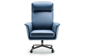 Stylish blue leather executive revolving chair with adjustable headrest and armrests, front diagonal view, isolated on white background