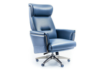 Stylish blue leather executive revolving chair with adjustable headrest and armrests, front diagonal view, isolated on white background