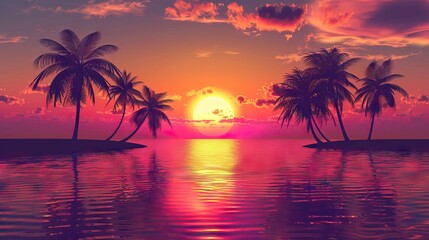 Obraz premium Silhouettes of palm trees and amazing cloudy sky on sunset at tropical beach with pink sky background for travel and vacation. AI generated illustration