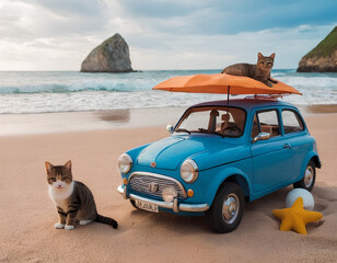 a cat and an old car on the beach 