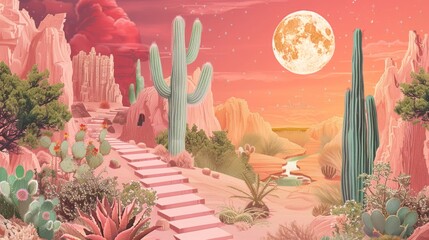 illustration of a cactus in the desert pastel pink colors wallpaper