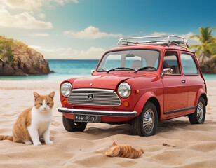 a cat and an old car on the beach 