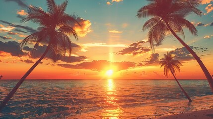 Fototapeta premium Silhouettes of palm trees and amazing cloudy sky on sunset at tropical beach with pink sky background for travel and vacation. AI generated illustration