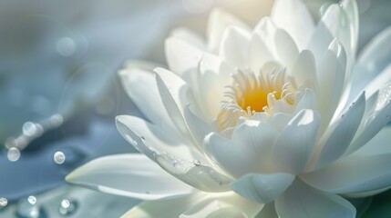 Obraz premium A close-up of a white lotus flower, illuminated by the sun, with its delicate petals and yellow center