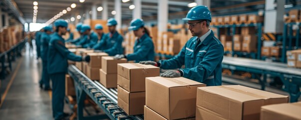 Workers aligning parcels along a conveyor belt