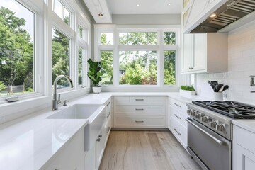 Fototapeta premium Elegant white kitchen with extensive windows providing abundant natural light, showcasing a clean design with modern fixtures and integrated appliances, enhanced by lush green plants