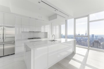 Chic all-white kitchen with large windows offering sweeping city views, featuring sleek cabinetry, marble countertops, and modern fixtures, creating a sophisticated urban living space