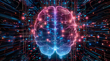 a digital illustration of a human brain superimposed on a circuit board background