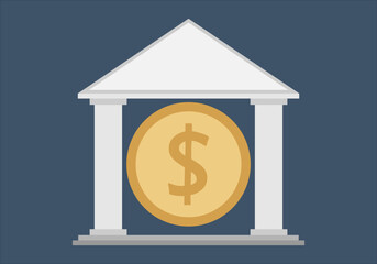 Templo griego con moneda de dólar representando un banco.