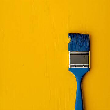 Paint blue brush on yellow wallpapre.