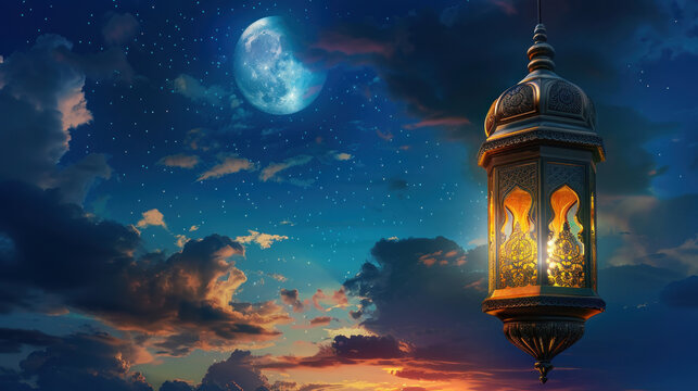 Celebrate the end of Ramadan with the holy celebration of Eid al-Fitr. A beautiful Islamic lantern glows under a moonlit sky, marking the end of the fast.