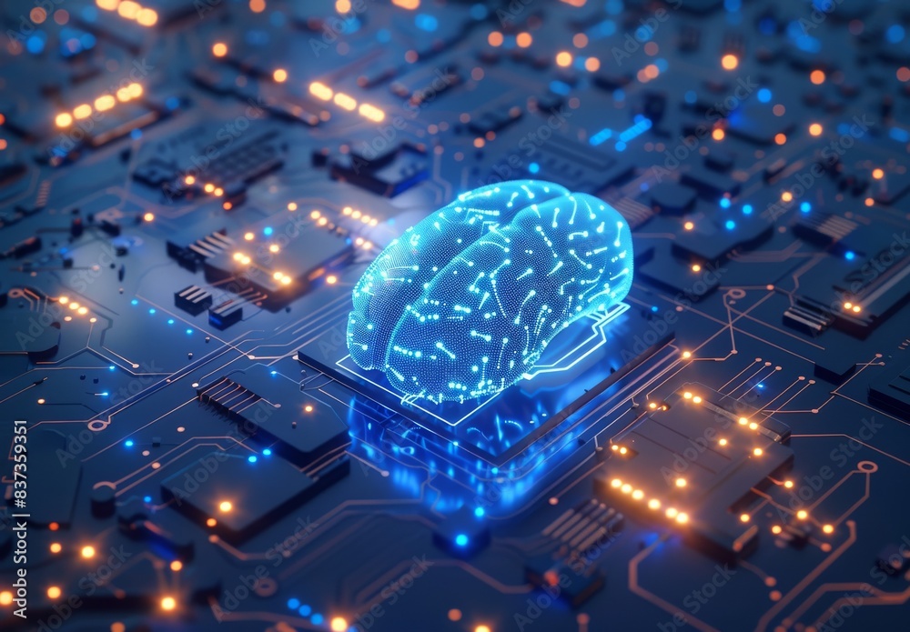 Poster wireframe brain connect with circuit electronic graphic and binary code abstract background. blue to