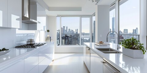 Ultra-modern kitchen with glossy white surfaces, floor-to-ceiling windows, and sleek integrated appliances, set against a backdrop of a vibrant city skyline, providing a clean and sophisticated look