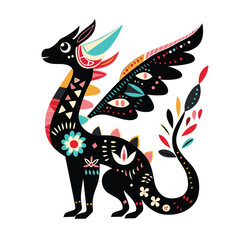 Decorative mythical creature colorful tribal pattern isolated white background. Folksy fantastic animal stylized floral ornamental design. Playful fantastic beast intricate folklore motifs vibrant