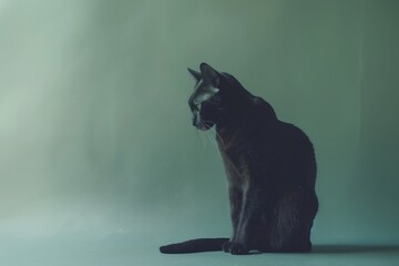 Studio photo of a cute black cat isolated against a background of pastel shades, creating a soft and appealing visual. The cat is showcased beautifully under the professional lighting.
