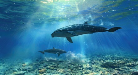 Obraz premium Marine Mammal - Mother and Baby Whale Swimming in Blue Ocean Water Near Water Surface