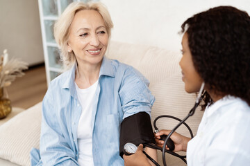Senior Woman Receiving Blood Pressure Check From Doctor At Home, Showcasing Healthcare, Wellness, And Medical Support.