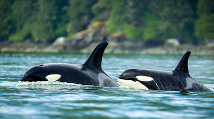 Fototapeta premium An Orca whale with a calf swims near the shore