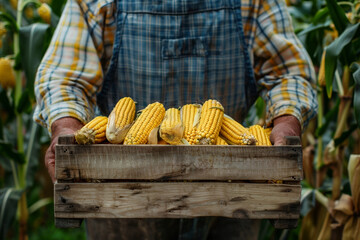 Freshly harvested organic corn, showcasing vibrant yellow cobs held by a farmer's hand in a rural summer field