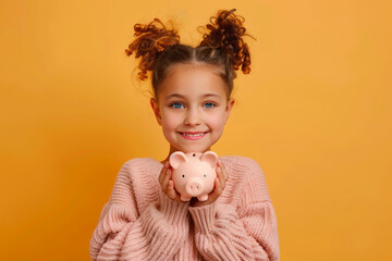 A happy girl holds a pink piggybank, symbolizing savings and financial education in her childhood