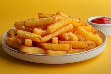 Golden, crispy fries with ketchup make a tasty, salty snack and delicious fast food meal