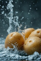 Fresh raw potato, adorned with waterdrops, promises a tasty, homemade snack with rustic charm