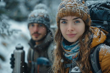 Happy young couple enjoying winter together, smiling in the snowy forest during their vacation