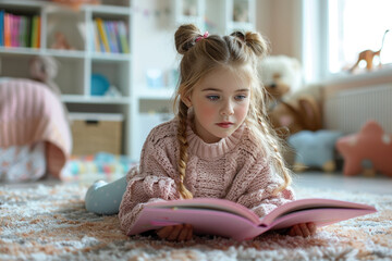 Cute little girl lying in a room, reading a book, enjoying childhood and learning