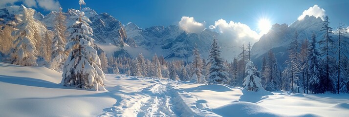 Snowy mountain landscape with fir trees and blue sky, perfect for a winter vacation and skiing