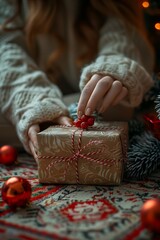 Woman's hands hold a beautifully wrapped gift box, celebrating the festive Christmas season with joy