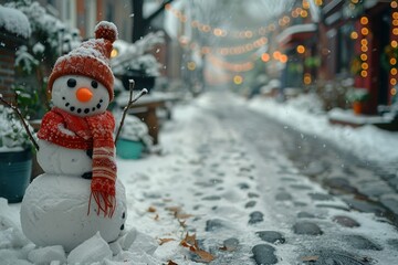 Smiling snowman with hat and scarf, celebrating winter traditions outside during a snowy holiday season