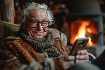 Happy senior man sitting on the couch, smiling and reading on his smartphone by the fireplace