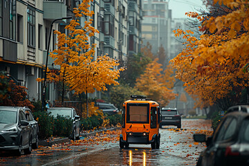Obraz premium A robotic machine delivers boxes to addresses in the city in the fall, a robotic postal machine, a courier
