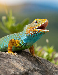 Fototapeta premium Colorful chameleon sitting on a rock with open mouth.