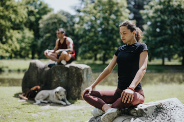 A man and a woman wearing sportswear engage in meditation and relaxation on rocks at an urban park,...