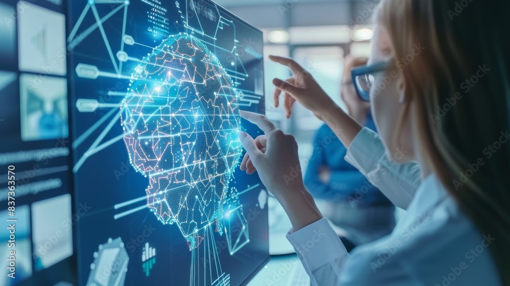 Poster using machine learning and analytics to visualize and analyze data on a computer screen. business, f