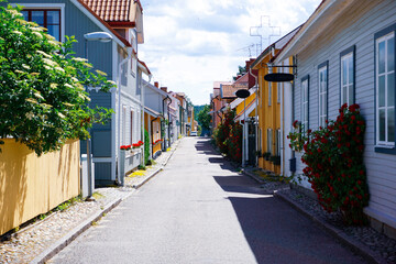 A empty street among buildings