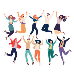 Group diverse young adults celebrating colorful casual clothing, expressing happiness joy, dancing jumping. Joyful crowd men women various hairstyles, celebrating party event, cheerful expressions
