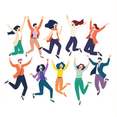 Fototapeta premium Group diverse people celebrating, men women jumping joy, happiness emotion. Multicultural celebration, friends having fun, casual formal wear diversity. Cartoon characters expressing excitement