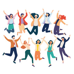Group diverse young people jumping happily. Multicultural men women celebrating joyously. Happy cartoon characters midair expressing excitement happiness