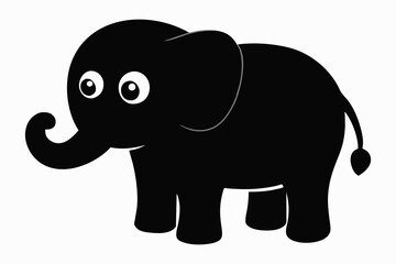 Fototapeta premium Cute black elephant cartoon with big ears and wide eyes. Baby animal, adorable illustration, childrens art, playful design concept. Black silhouette isolated on white backdrop