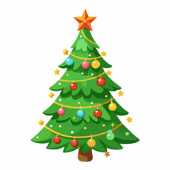 Festive Christmas tree with ornaments and star. Colorful decorations, holiday tree, winter celebration, New Year, festive design concept. Isolated on white background.