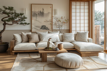A living room with a mix of Scandinavian furniture and Japanese decor, including bonsai trees and minimalist artwork. Concept of Japandi fusion in home decor. Generative Ai.